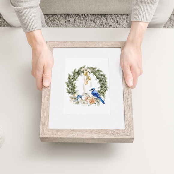 Wall Art Watercolor Blue Jay Christmas Wreath Illustration Print Card, Unframed - Picture 5 of 7